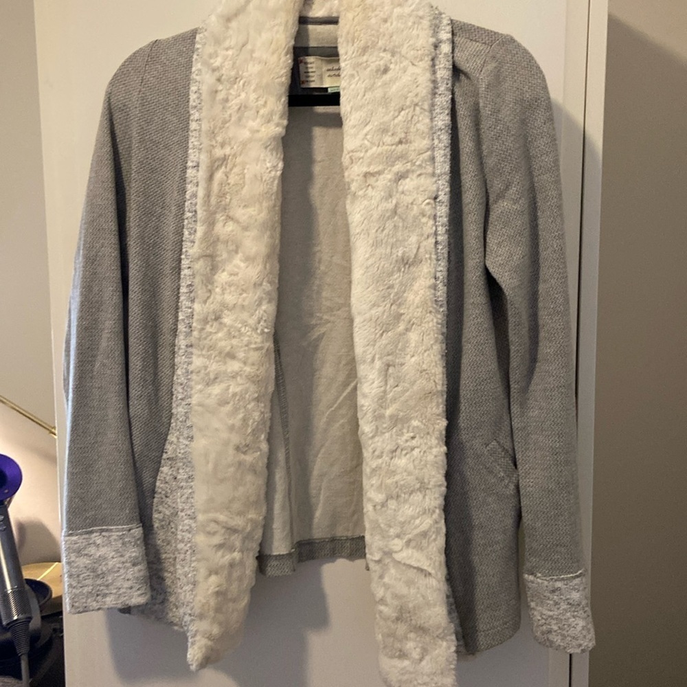 Anthropologie Faux fur trim cotton blazer with chevron print